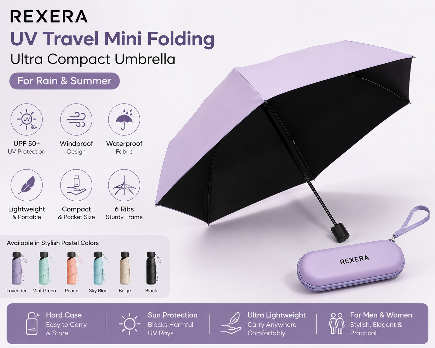 REXERA UV Travel Mini Folding Umbrella with Hard Case | Ultra Compact, Lightweight, Windproof Pocket Umbrella for Men & Women | Sun & Rain Protection